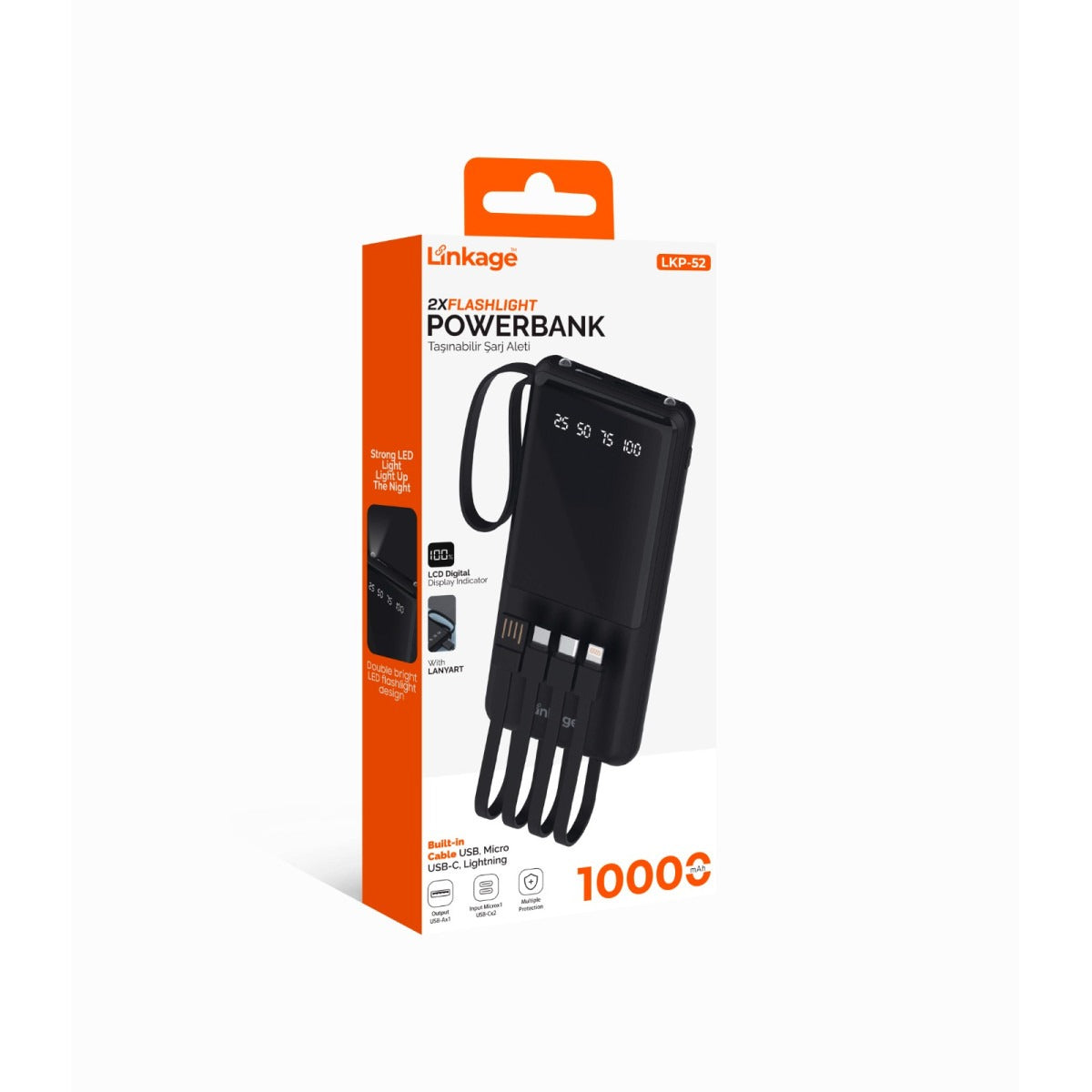 LİNKAGE 10.000mAh, Powerbank Dahili Kablolu, 2xFenerli LCD Göstergeli Taşınabilir