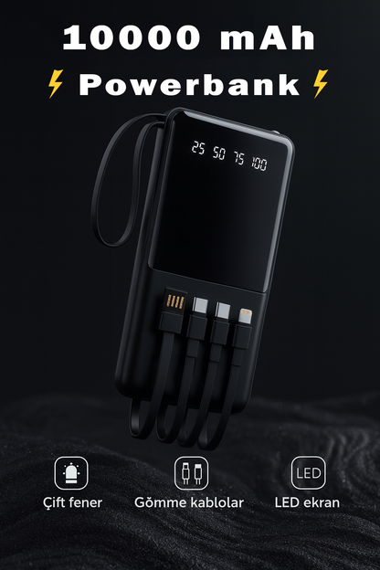 LİNKAGE 10.000mAh, Powerbank Dahili Kablolu, 2xFenerli LCD Göstergeli Taşınabilir