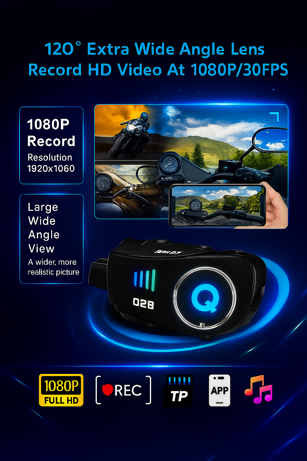 BLİC Q28 İnterkom, Su ve Toz Geçirmez, 120° geniş açı 60 FPS 1080P Full HD Kayıt,