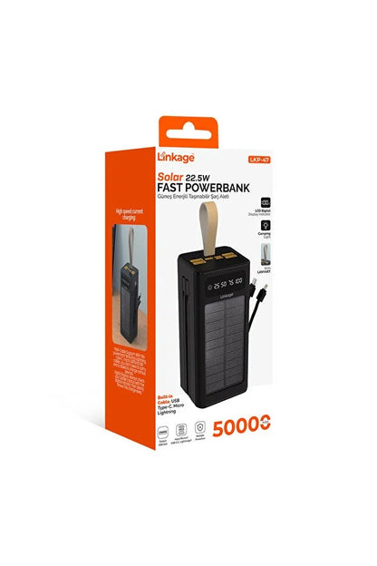 LİNKAGE 50.000mAh, Solar Powerbank LCD Ekran, 4xUSB, Kamp Işıklı Dahili Kablolu 22.5W