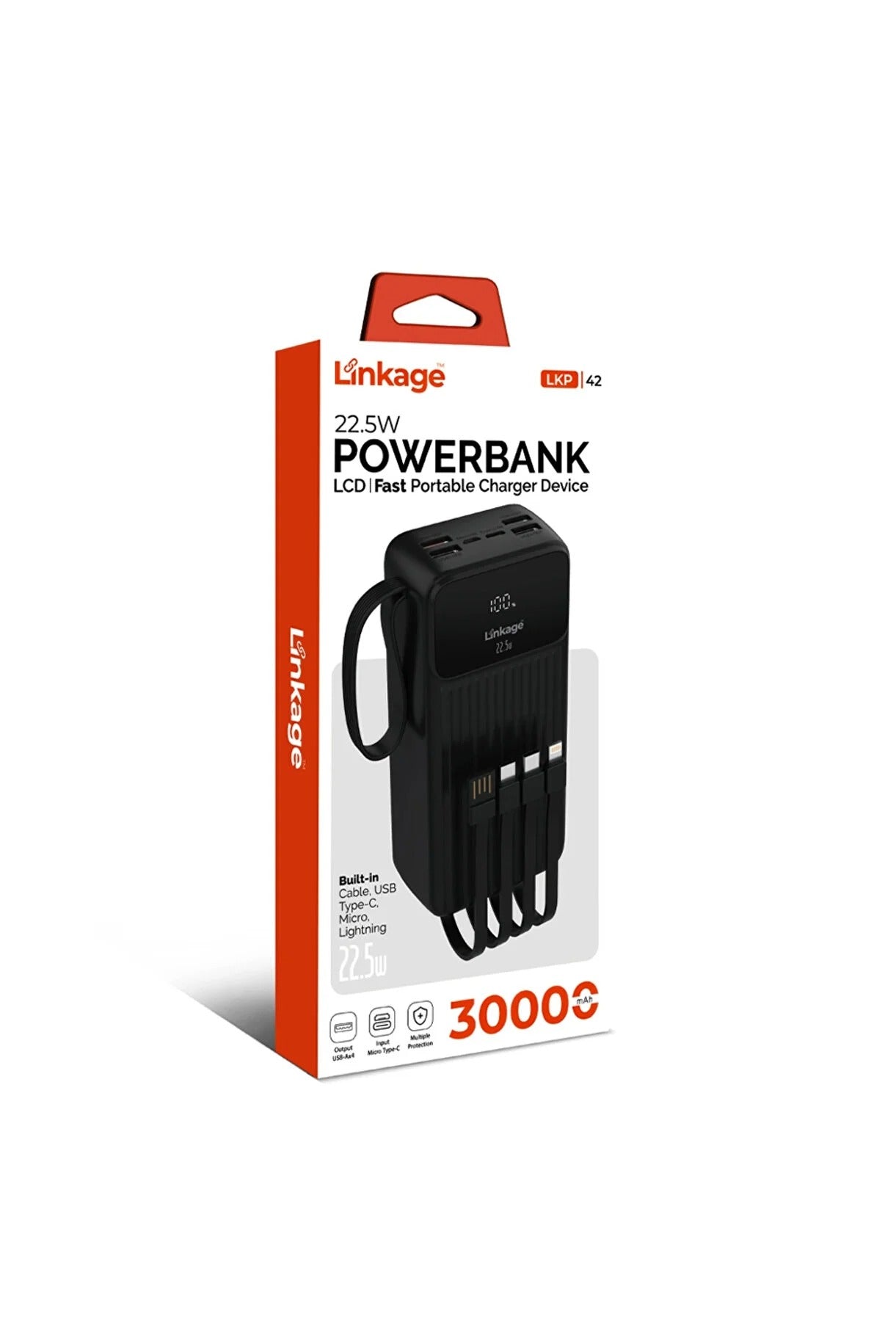 LİNKAGE 30.000mAh, Powerbank 4xUSB-A USB-C ve Mikro Girişli Dahili Kablolu 22.5W