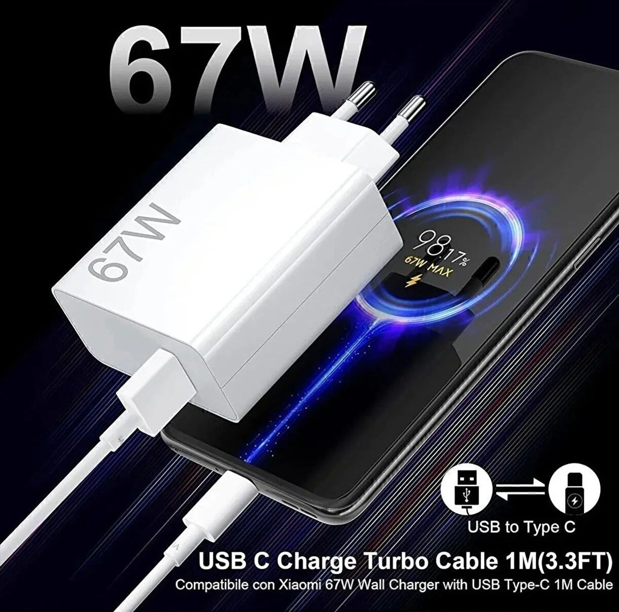 LİNKAGE 67 Watt, Turbo Şarj Aleti USB-A 1mt A to C Kablolu QC3.0